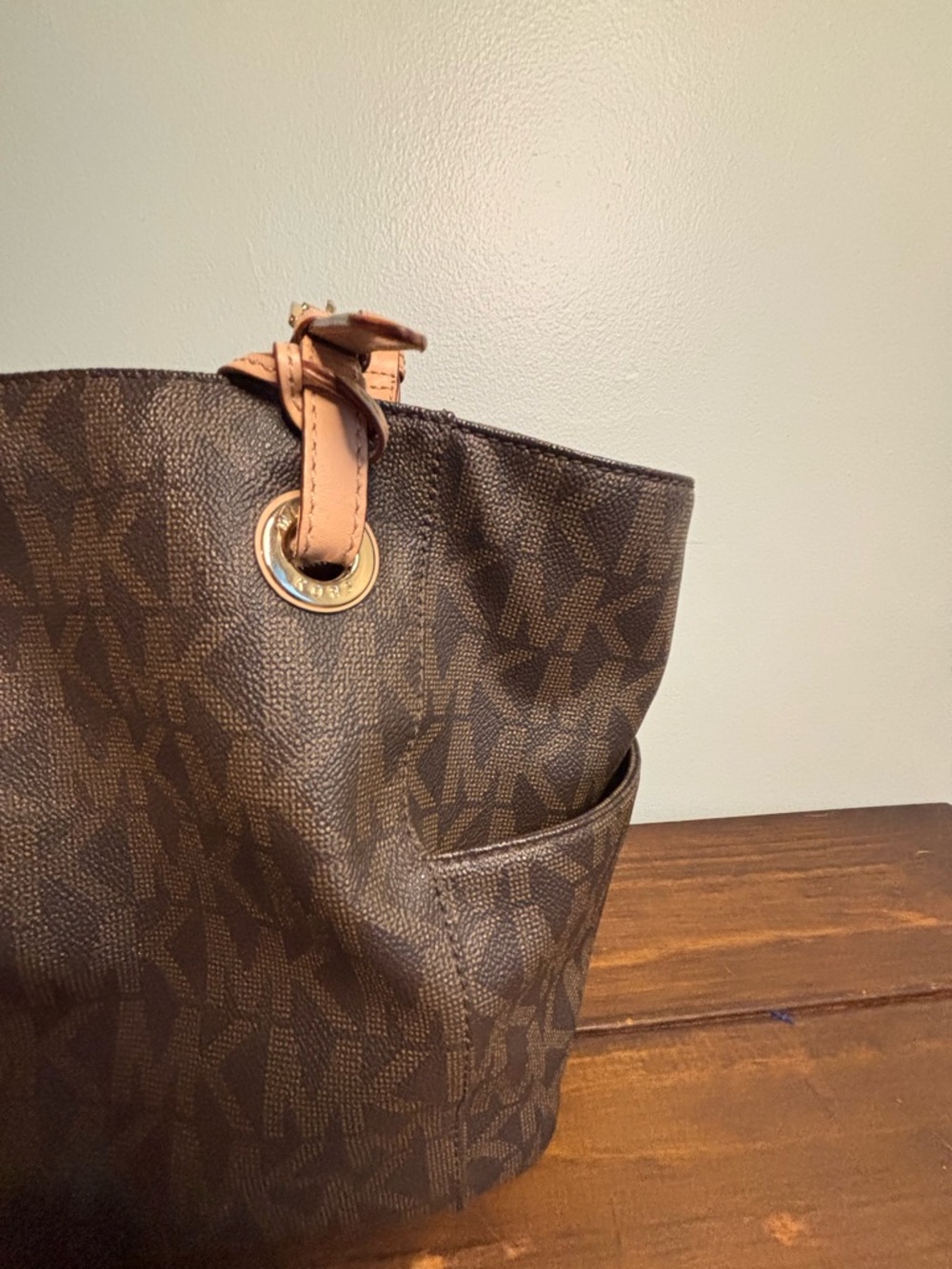Michael Kors Vintage Brown MK Logo Signature Tote with Tan Straps Quiet Luxury - Picture 2 of 10